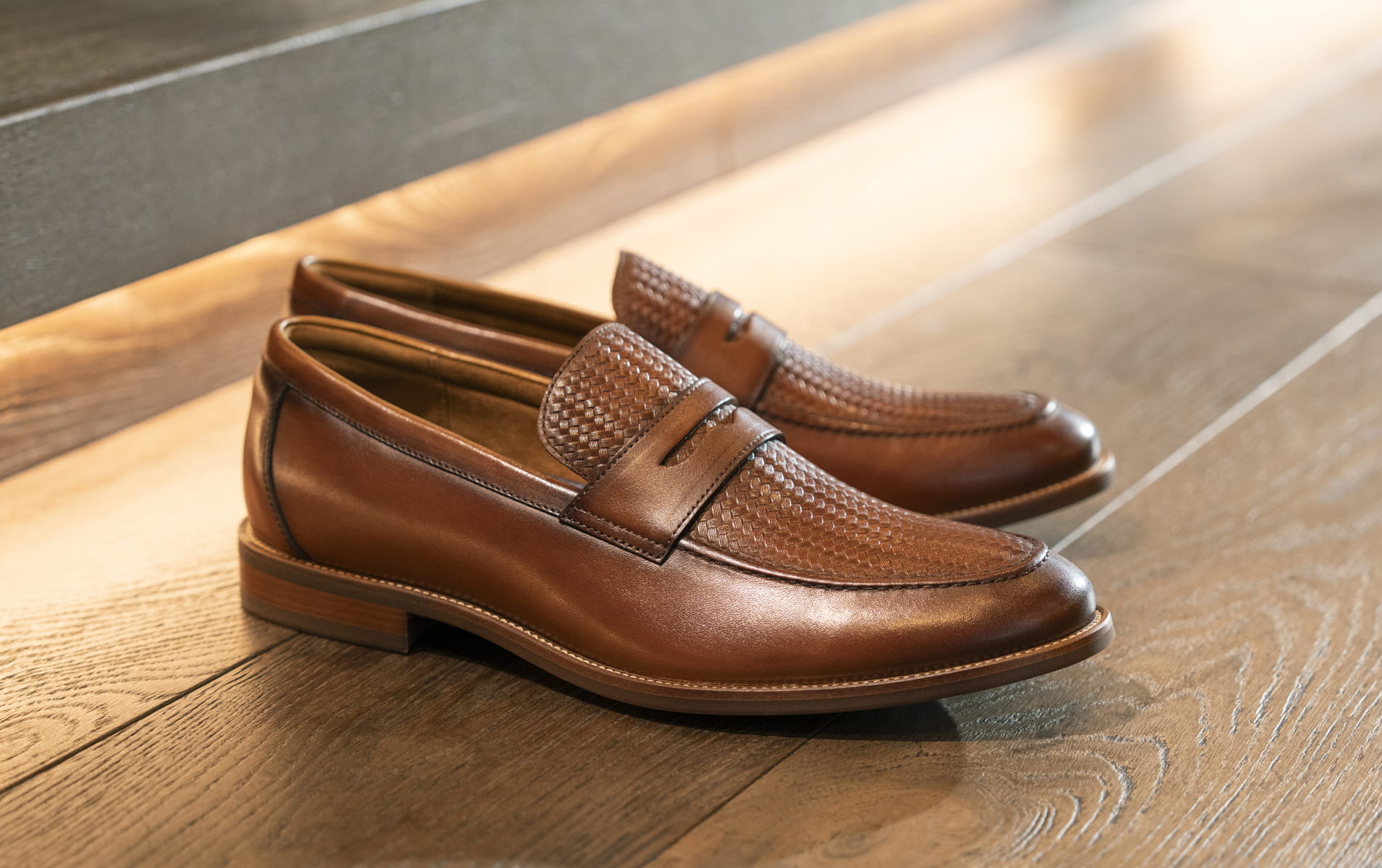 Click to shop Florsheim dress. Image features the Rucci weave loafer in cognac.