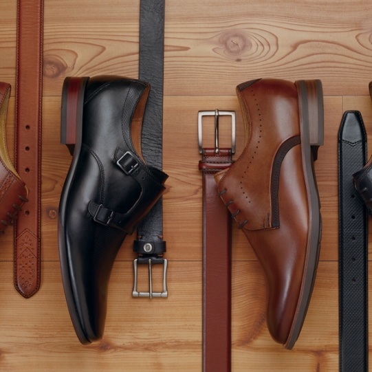 "Men’s Belts: The Perfect Finishing Touch." The featured products are a variety of Florsheim shoes and matching colored belts.