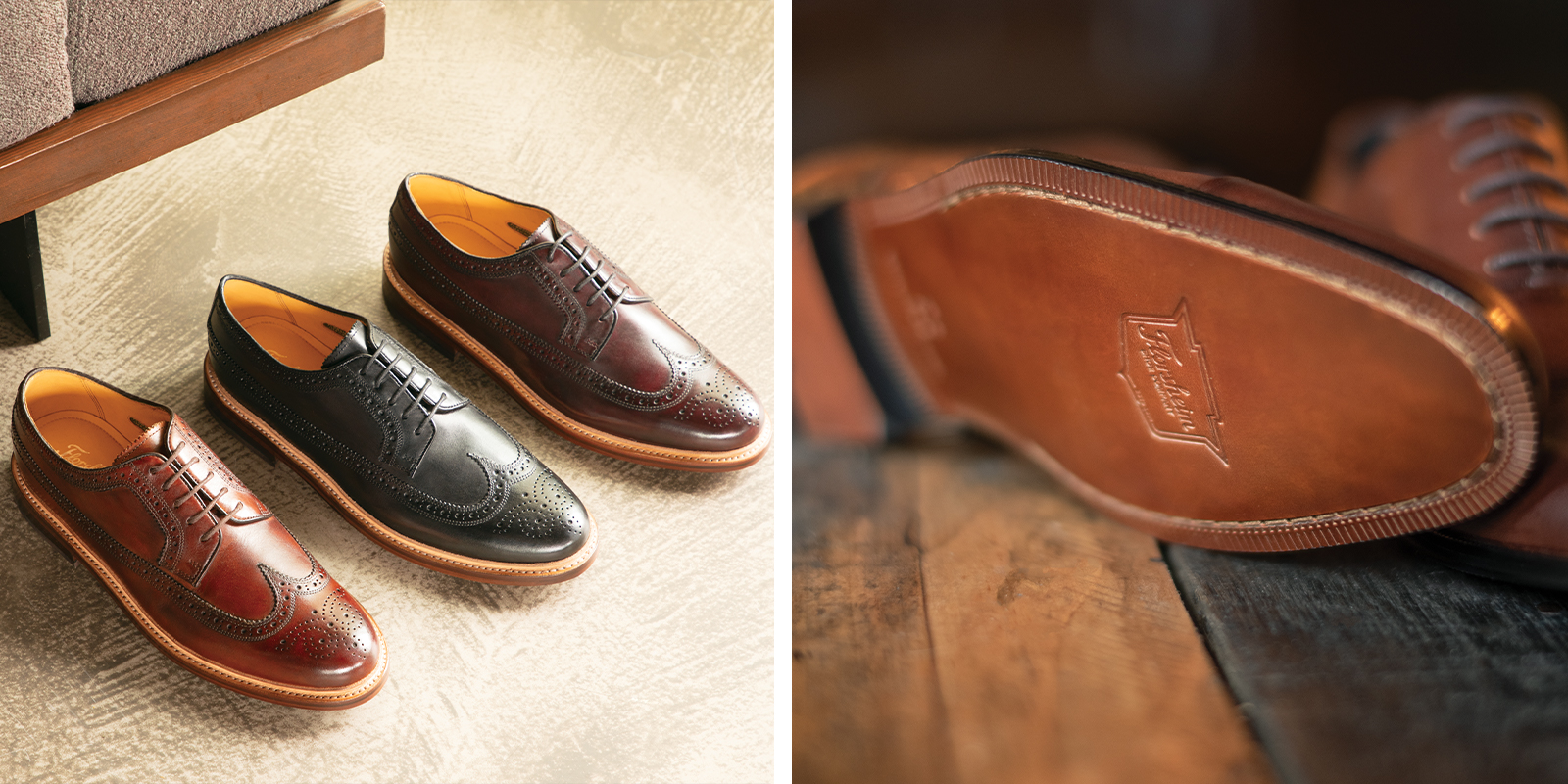 The featured image shows three Kenmoor II Wingtip Oxford shoes in different colors. The featured product is the Kenmoor II Wingtip Oxford in Cognac, Black, and Burgundy.