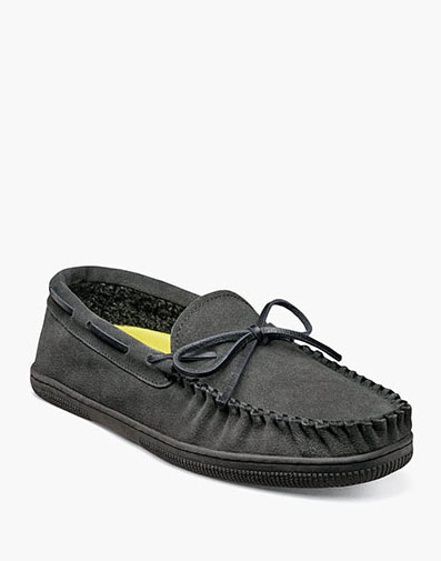 Cozzy Moc Toe Tie Slipper in Gray Suede for $59.95 dollars.