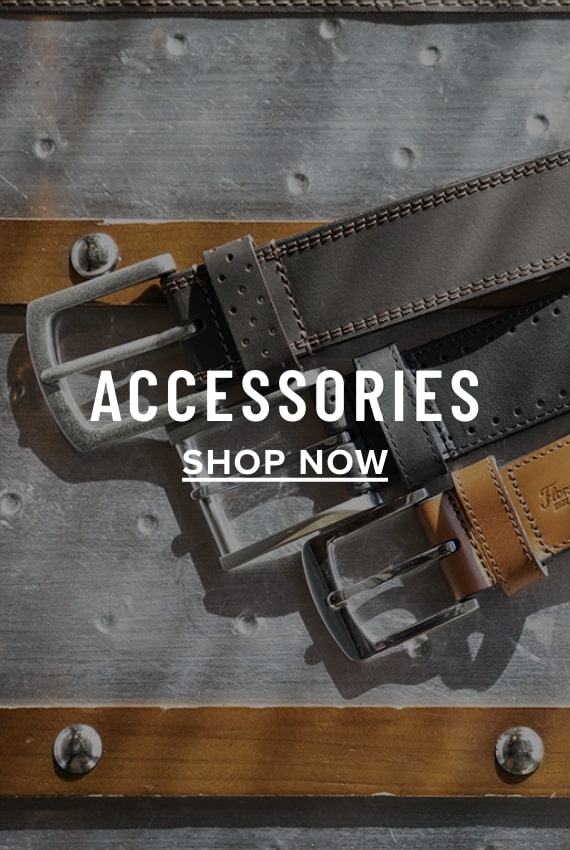 Men's Accessories view all category. Image features a variety of Florsheim belts. 