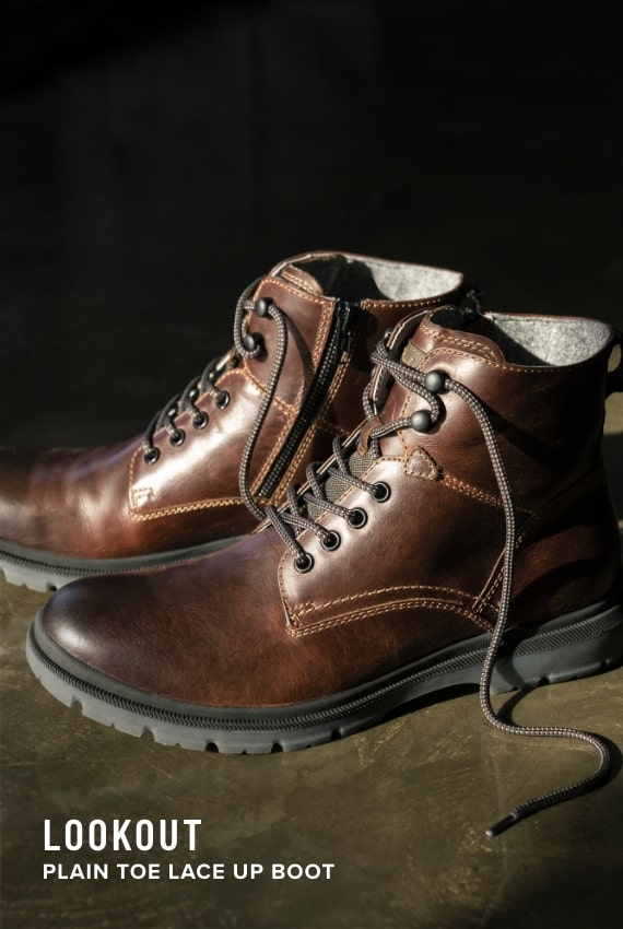 Shoes for Men view all category. Image feautres the Lookout lace up boot in brown.