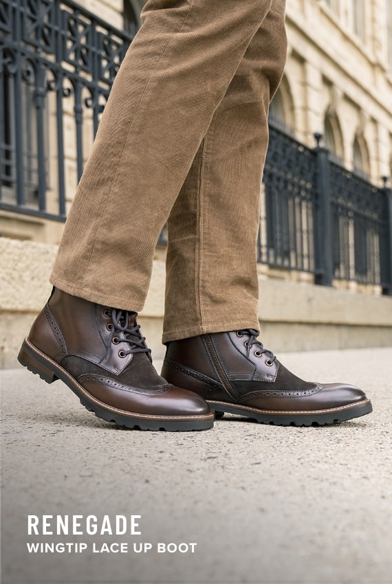 Shoes for Men view all category. Image features the Renegade wingtip boot in brown.