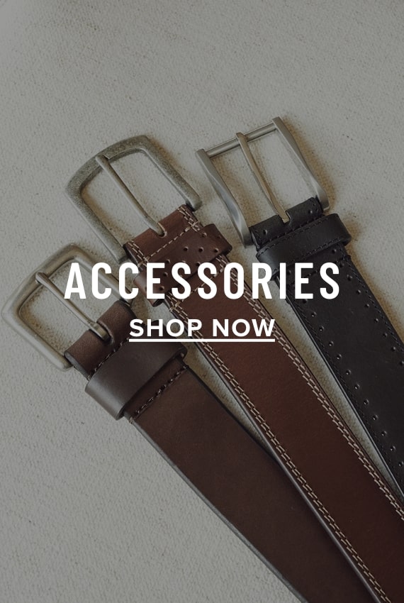 Men's Accessories view all category. Image features a variety of Florsheim belts.
