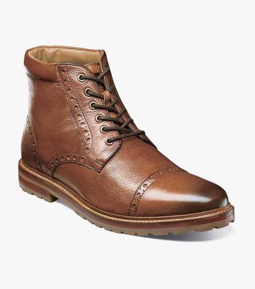 Men’s Casual Shoes | Cognac Tumbled Cap Toe Boot | Florsheim Estabrook