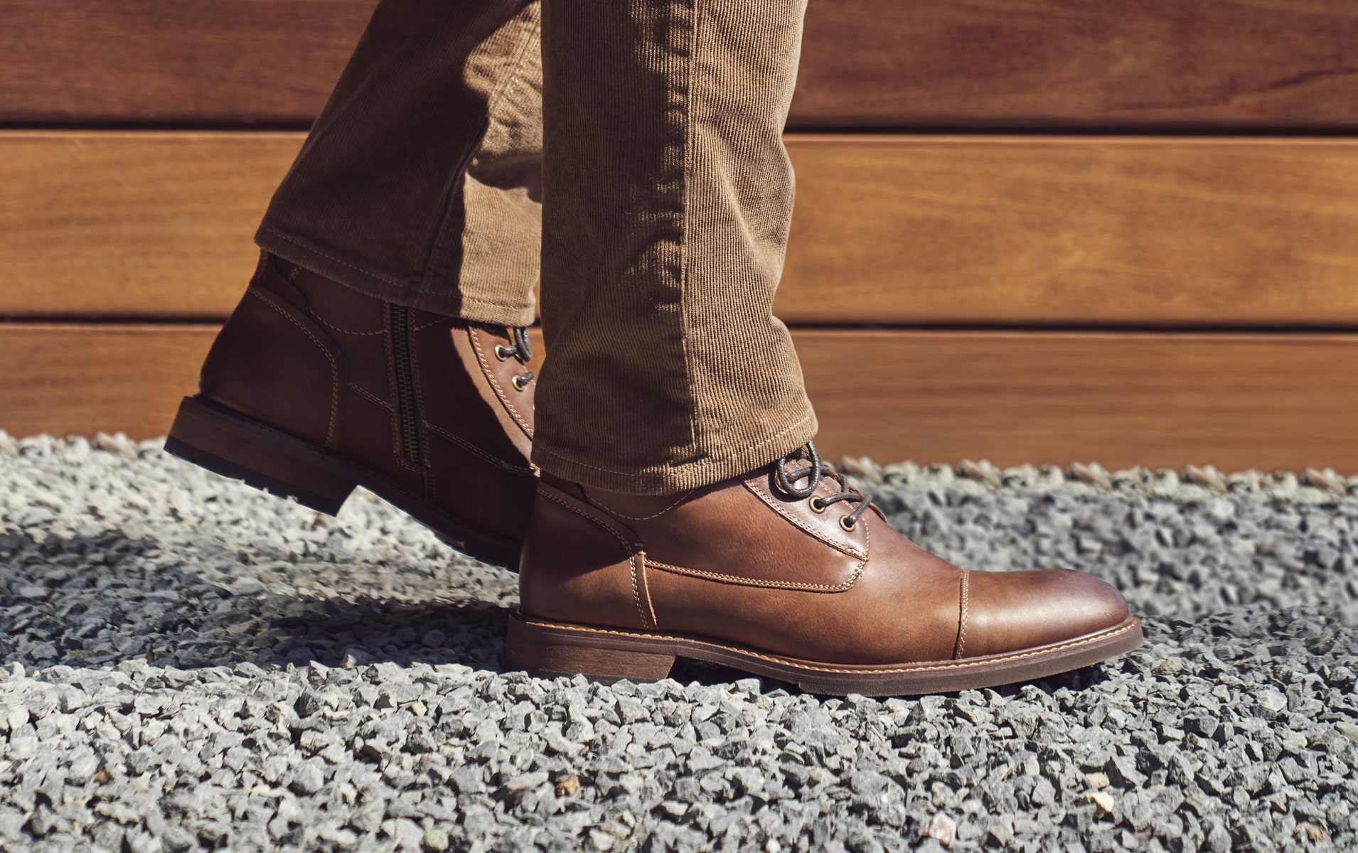 Click to shop Florsheim boots. Image features the Lodge cap toe lace up boot in brown.