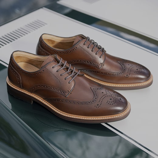 The image features an overhead shot of brown Men’s dress shoes on a white floor. Shop the Men’s Dress Shoes category now. 