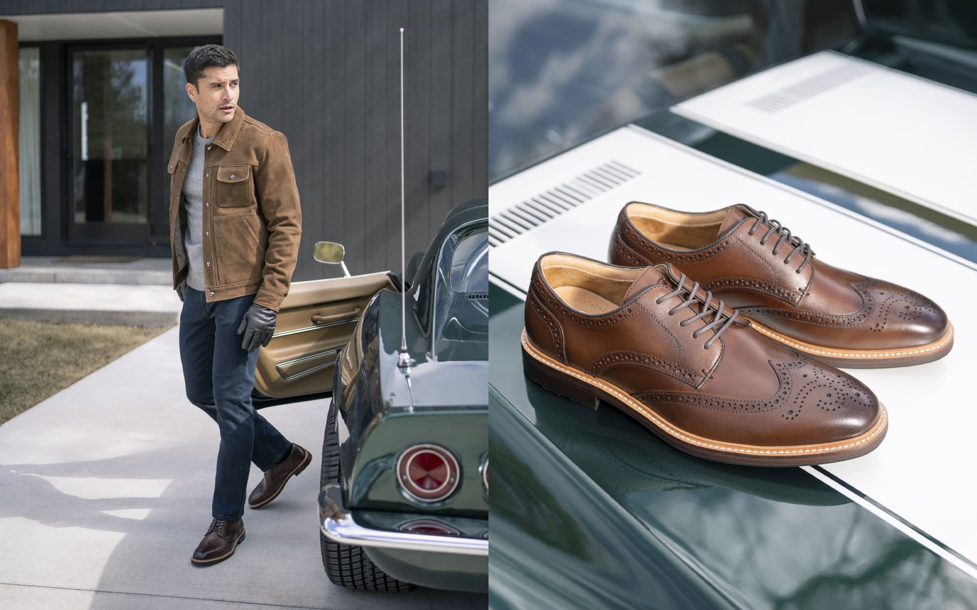 Shop the new Florsheim Anthem collection featuring the wingtip oxford in cognac on a green sports car.