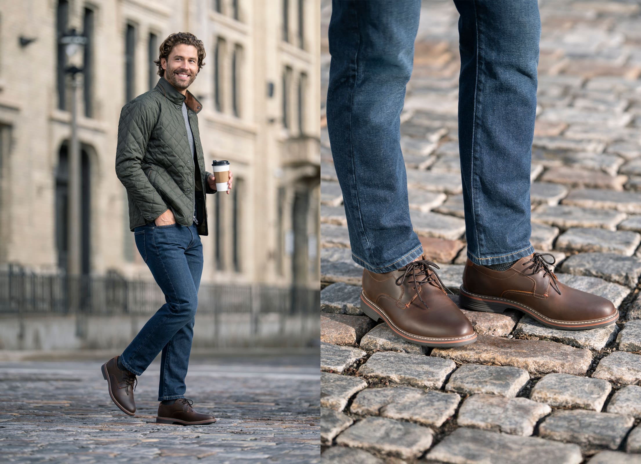 Shop our 2 day anniversary sale with 25% off sitewide! Image features a man on a brick paved street with the Norwalk plain toe oxford in brown.