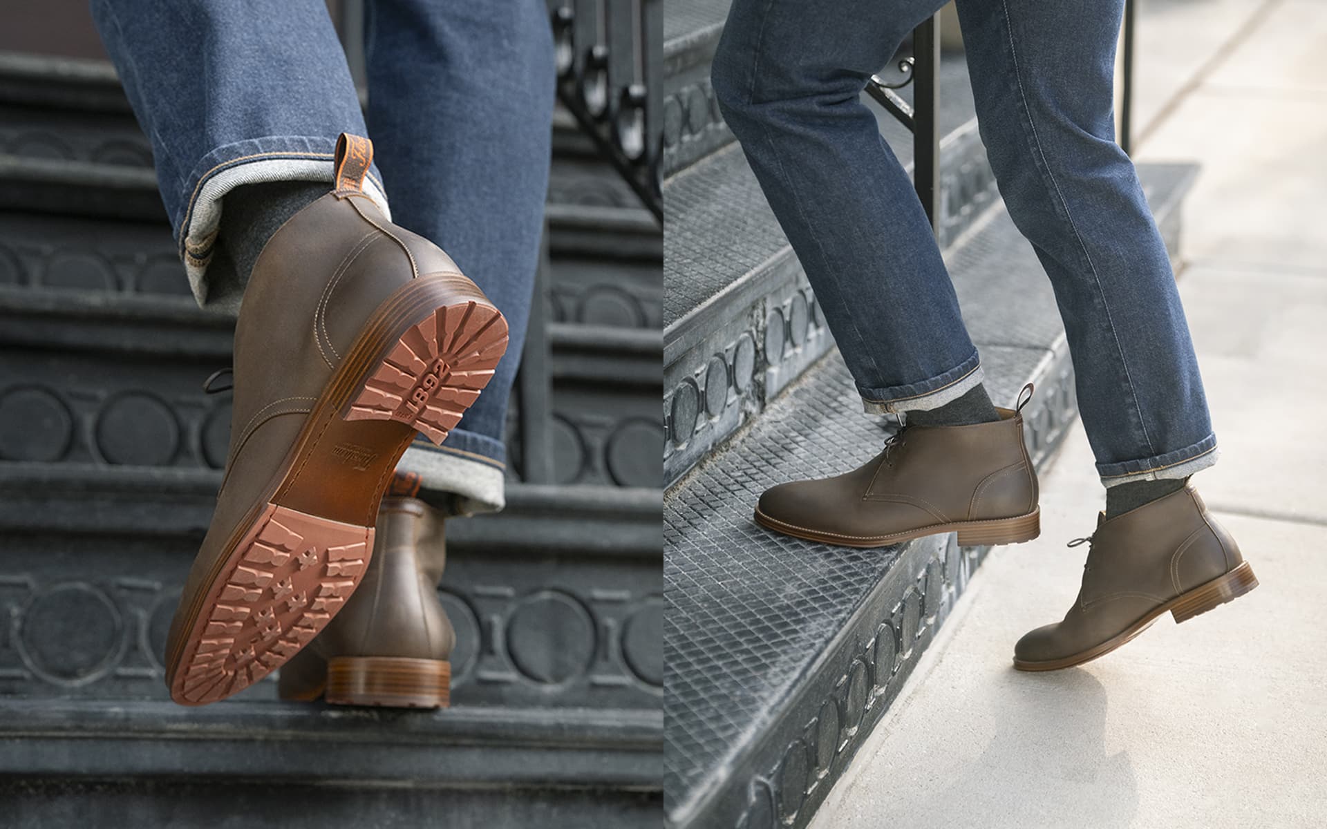 Shop the Florsheim Rucci Lug boot featuring the Rucci Lug in Brown in two side by side detail images of the shoe being worn walking up the stairs.