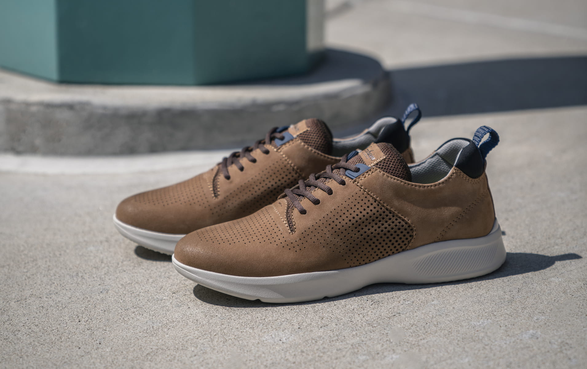 Click to shop Florsheim casuals. Image features the Studio in tan.