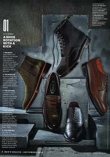 Image of The Florsheim Kenmoor Wingtip Oxford featured in the September issue of Men’s Health Magazine.