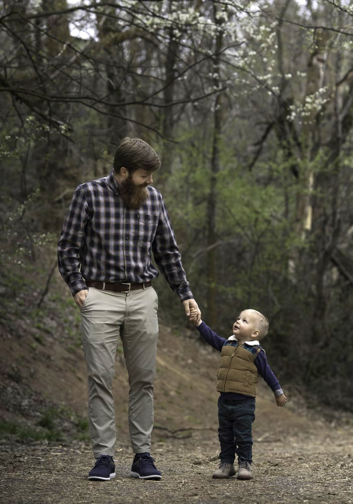 April 2022: John and Woodlyn Cabral take a forest walk together in Utah while wearing our Venture Knit Plain Toe Lace Up Sneaker and Supacush Jr. Boys Plain Toe Chukka.