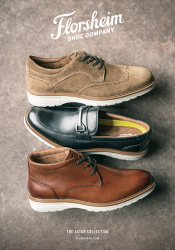 Image of the Astor Wingtip Oxford in Mushroom, the Astor Moc Toe Bit Loafer in Black with White, and the Astor Plain Toe Chukka Boot in Cognac that were featured in Sports Illustrated magazine.