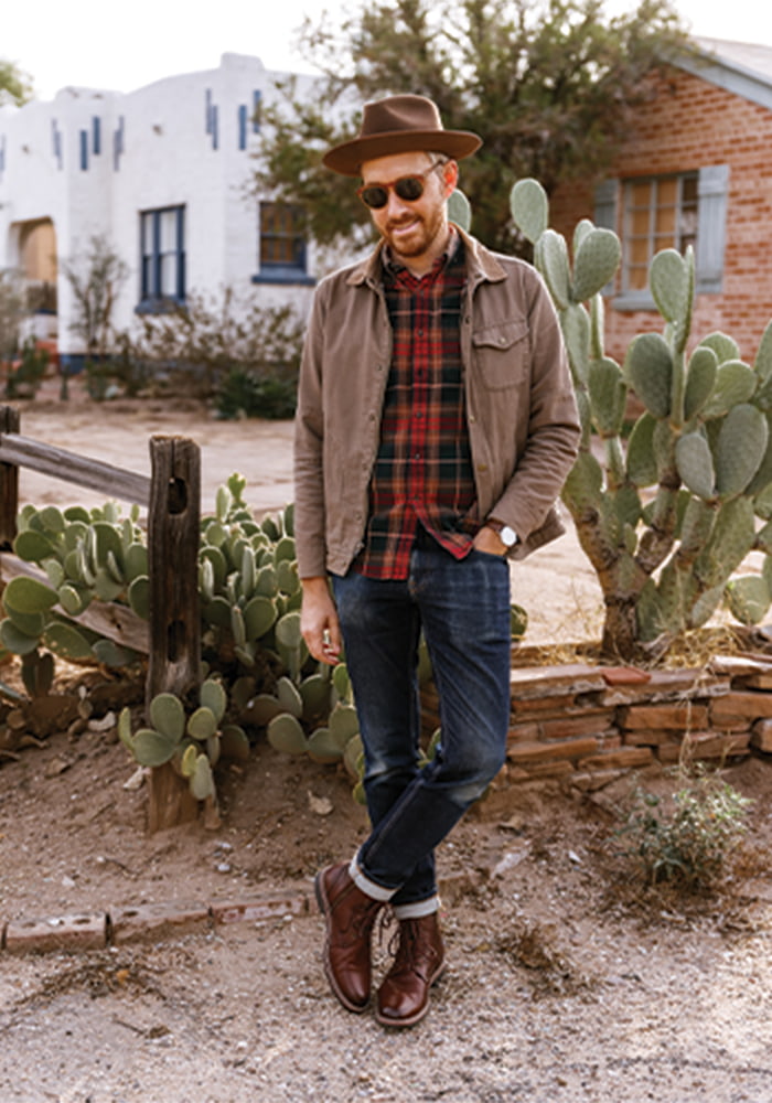 November 2021: Photographer and menswear blogger Tim Melideo poses in our Norwalk Plain Toe Lace Up Boot in Tucson, Arizona.