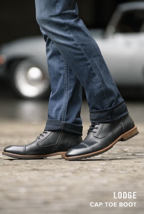 Black Boots category. The featured product is the Lodge Cap Toe Boot in Black Crazy Horse.