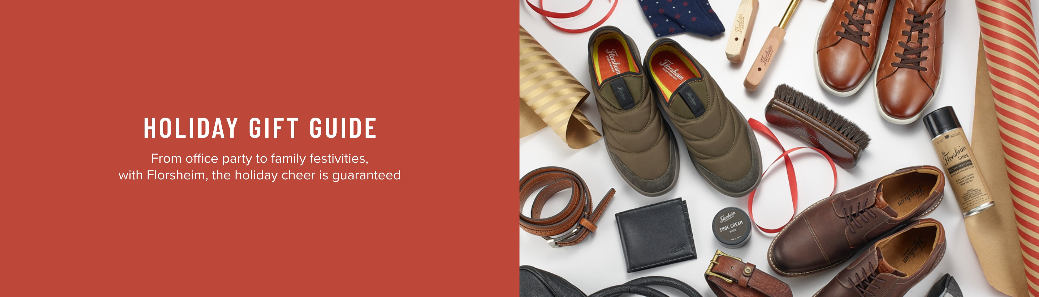 Interview Picks Shop our holiday gift guide! Image features a variety of Florsheim men's shoes and accessories.