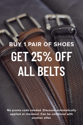 Clearance Men's Shoes category. Buy 1 pair of shoes, get 25% off all belts. No promo code needed. The image features a few Florsheim belts in a variety of colors. 