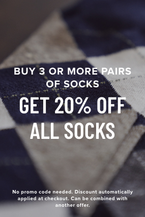Italian Shoes category. Buy 3 or more pairs of socks, get 20% off all socks. No promo code needed. The image features a pair of Florsheim socks. 