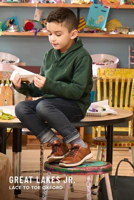 Boy's Casual Shoes category. Image features the Great Lakes Jr in cognac.