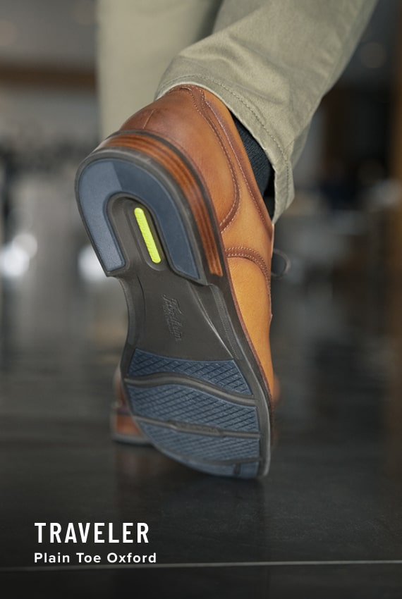 Florsheim Comfortech category. Image features the Comfortech footbed on the Traveler. 