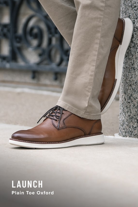  Image features the Launch plain toe oxford in cognac.