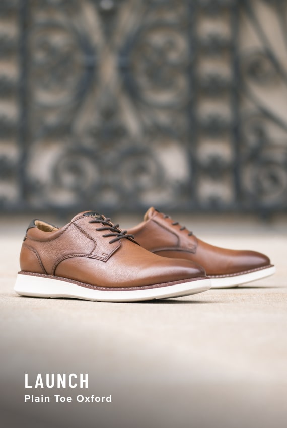 Hybrids Image features the Launch plain toe oxford in cognac.