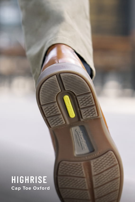 Florsheim Comfortech category. Image features the Highrise Cap Toe Oxford in Cognac.