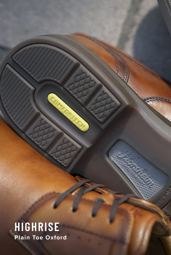 Florsheim Comfortech category. Image features the sole of the Highrise Plain Toe Oxford in Cognac.