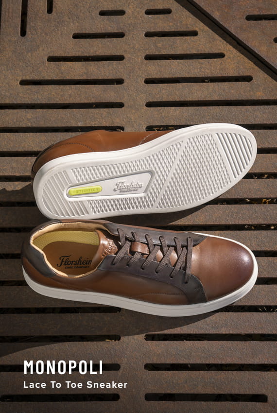 Florsheim Comfortech category. Image features the Monopoli lace to toe sneaker in cognac.