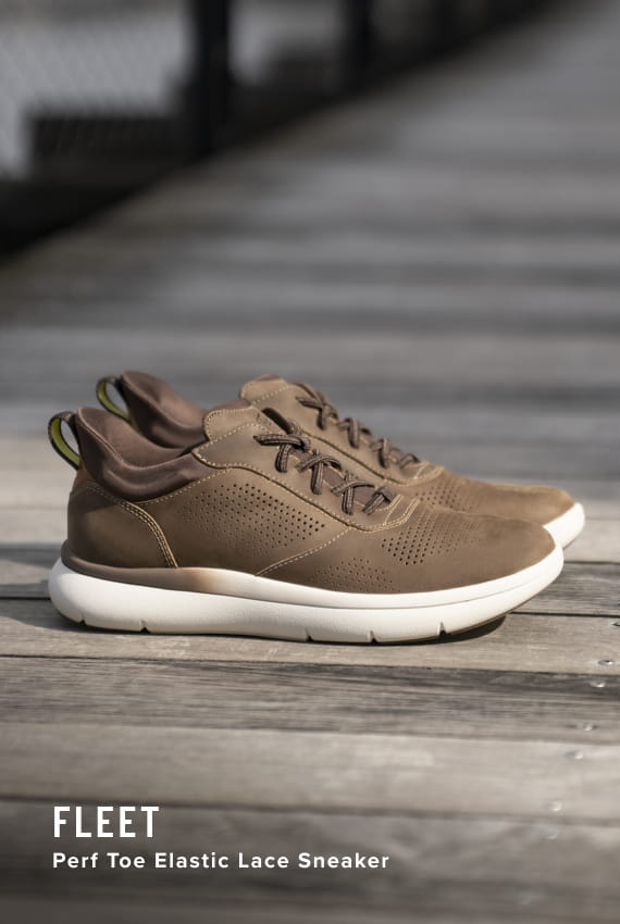 Men's Casual Shoes category. Image features the Fleet perfed sneaker in brown.
