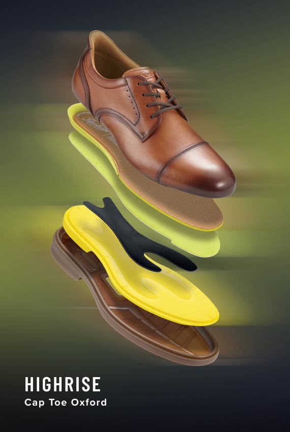 Men's Newest Shoes category. Image features the technology behind the Highrise Cap Toe Oxford.