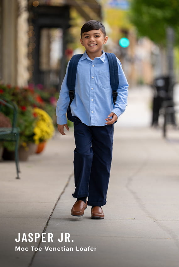 Kids Shoes view all category. Image features the Jasper Jr. Venetian loafer in cognac. 