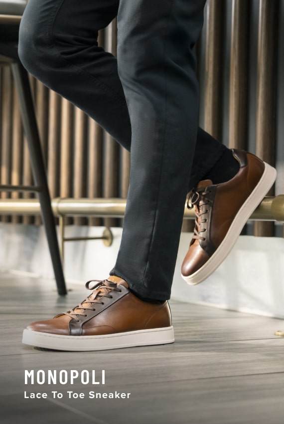Men's Casual Shoes category. Image features the Monopoli lace to toe sneaker in cognac.