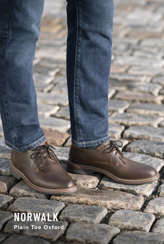 Men's Hybrids category. Image features the Norwalk Plain Toe Oxford in Brown CH.