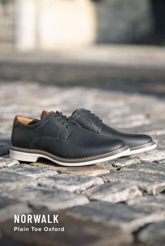  Image features the Norwalk plain toe oxford in black.