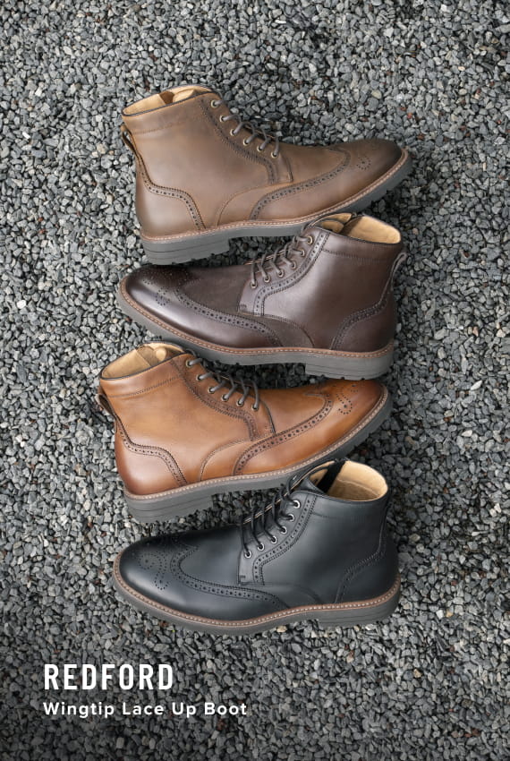 Men's Dress Boots category. Image features the Redford wingtip boot in a variety of colors