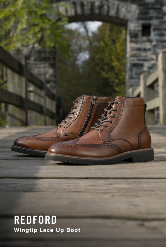 Men's Dress Boots category. Image features the Redford Wingtip Lace Up Boot in Cognac.