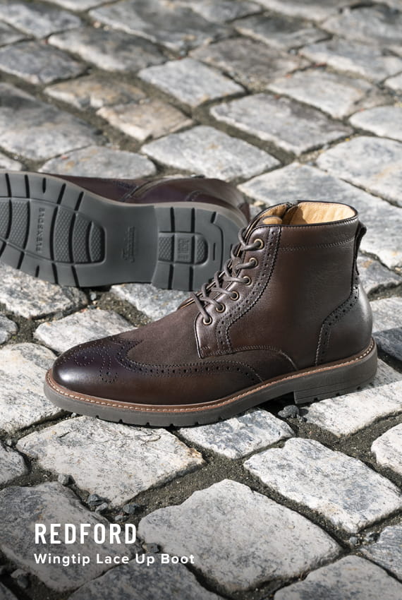Men's Newest Shoes category. Image features the Redford Wingtip Boot in Brown.