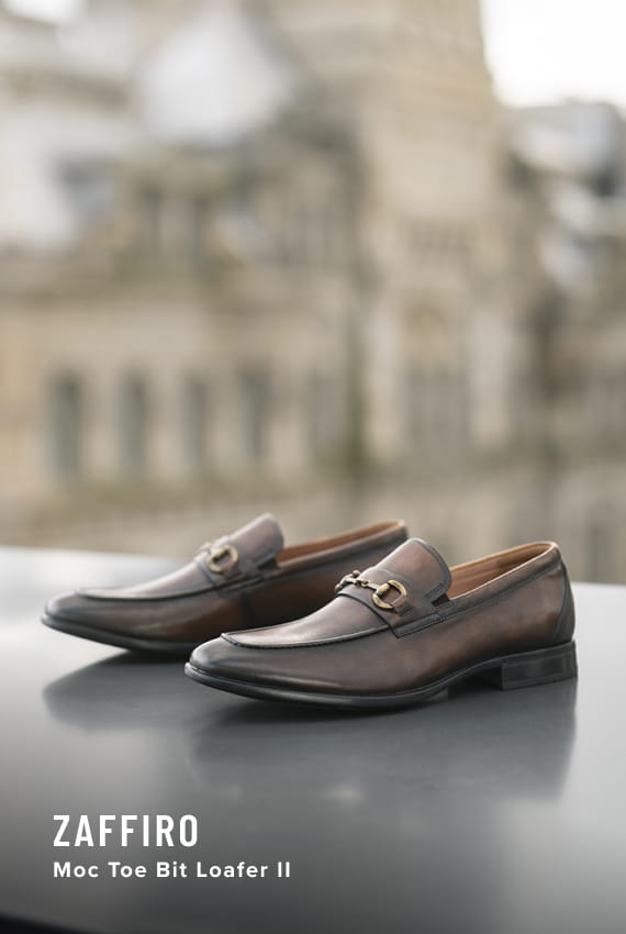 Men's Dress Shoes category. Image features the Zaffiro II Bit Loafer in brown.
