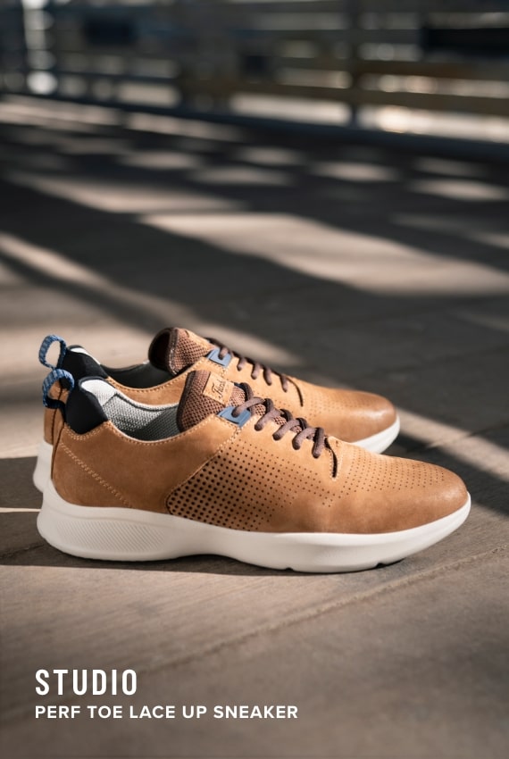 Men's Newest Shoes category. Image features the Studio in tan.