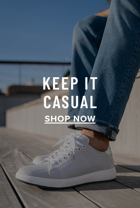 Men's Bags category. Click to shop Florsheim casual shoes. Image features the Heist Knit Sneaker in Oyster Knit.