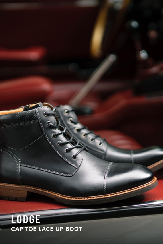 Men's Dress Boots category. Image features the Lodge Cap Toe Lace Up Boot in black.
