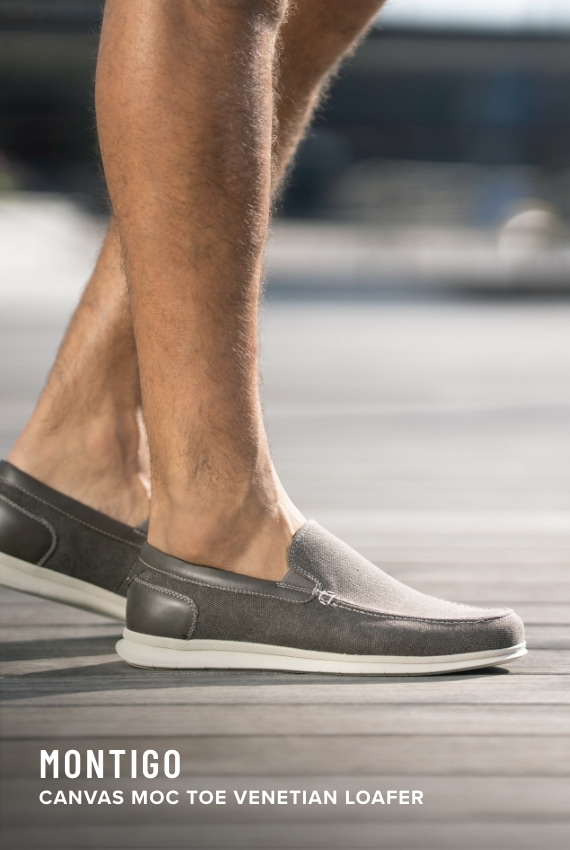 Men's Loafers & Slip Ons category. Image features the Montigo Canvas Loafer in Gray.
