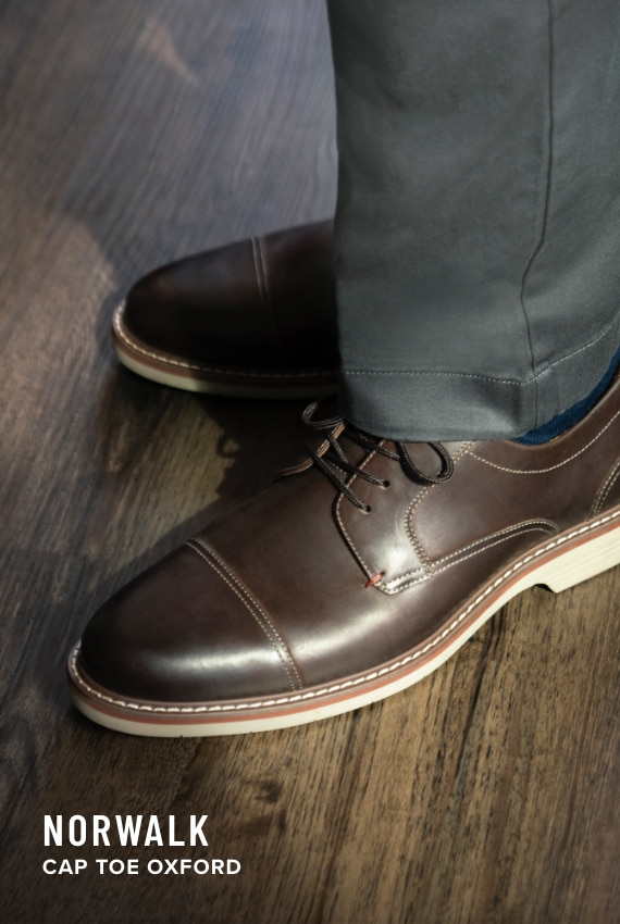 Men's Dress Shoes category. Image features the Norwalk Cap Toe Oxford in brown.