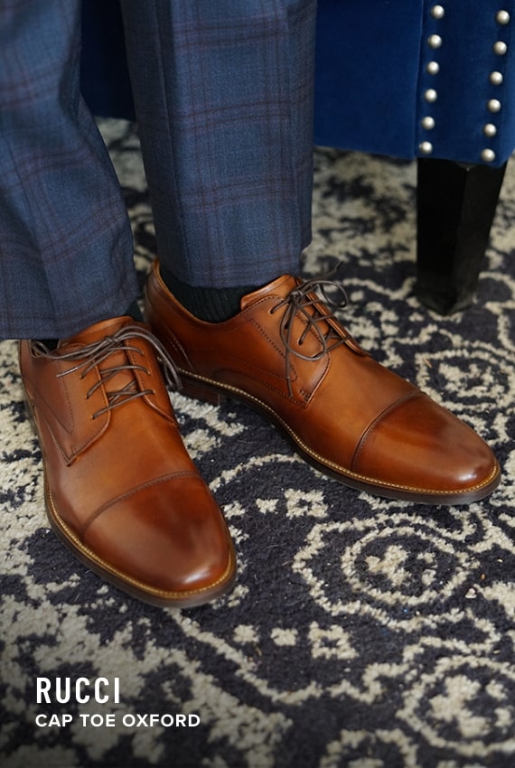 Day-to-Night Styles Image features the Rucci cap toe oxford in cognac