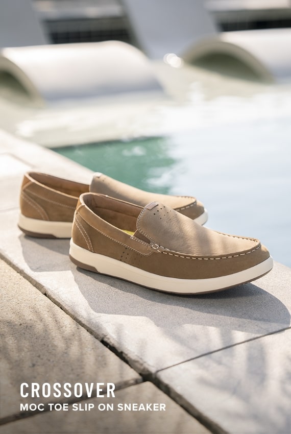 Men's Casual Shoes category. Image features the Crossover Moc Toe Slip On in mushroom.