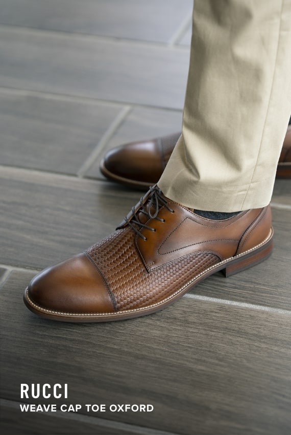 Men's Dress Shoes category. Image features the Rucci Weave cap toe oxford in cognac.