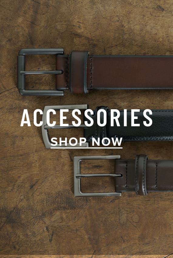 Men's Belts category. Image features a variety of Florsheim belts on a distressed wood surface.