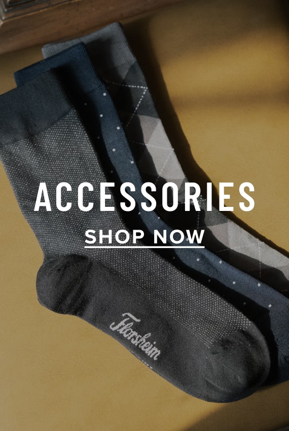 Men's Socks category. Image features a variety of Florsheim socks on a tan background.